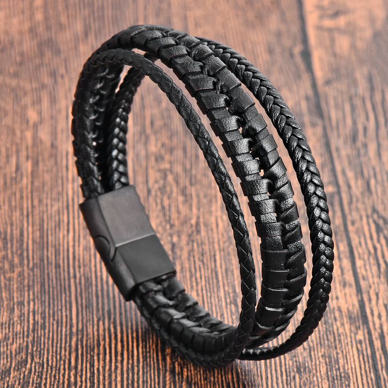 Bracciale da uomo in pelle nera con corda in pelle di vacchetta, bracciale da uomo in acciaio inossidabile intrecciato a mano in vera pelle multistrato_voghion.com