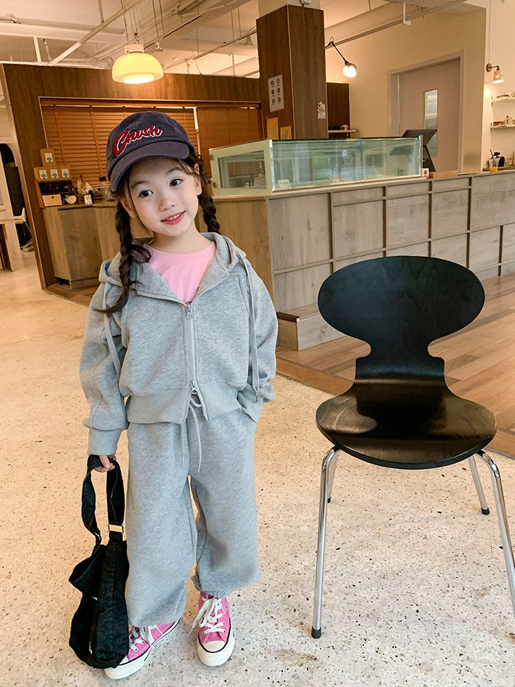 Girls' Hooded Sweater Set – Cozy Cotton Jacket & Jogger Pants For Playful Kids (Ages 3-8, Pink & Grey)_voghion.com