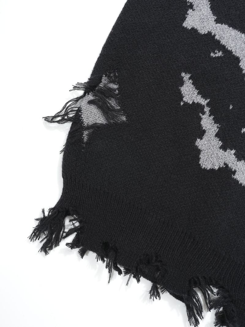 Pull en tricot effet vieilli pour homme – Épaules tombantes surdimensionnées, ourlet à franges et tissage texturé d'inspiration grunge (noir/gris/beige)_voghion.com