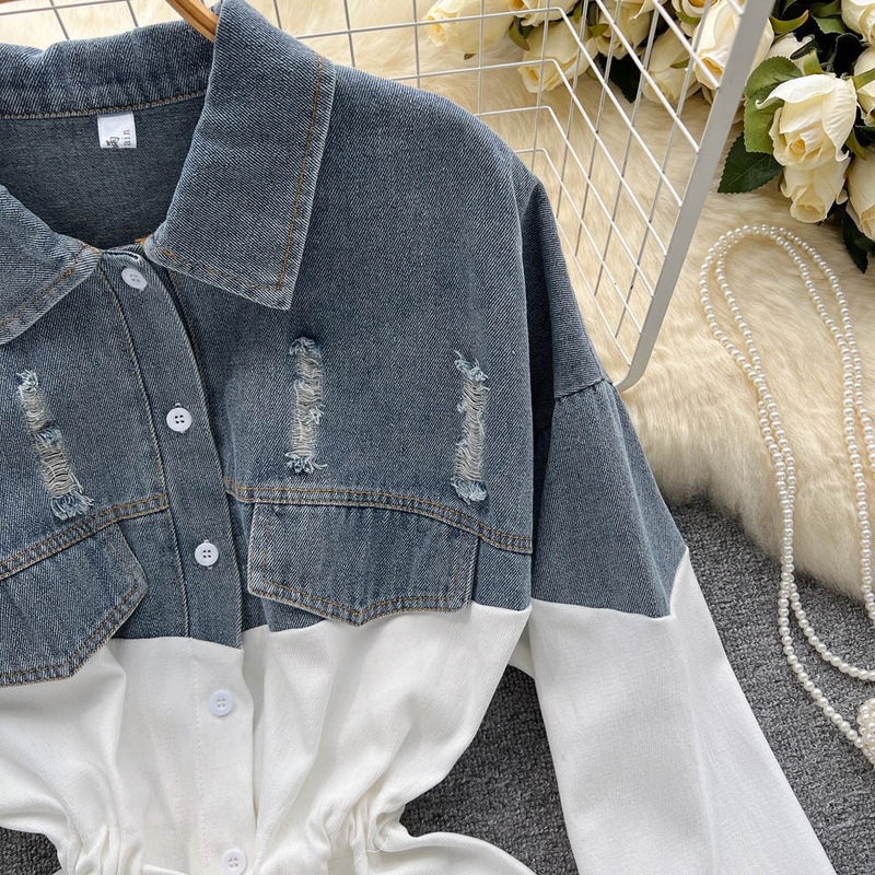 Abito a maniche lunghe da donna, primavera e autunno, abbigliamento da donna 1 Sense Denim, cuciture a contrasto, colore in vita_voghion.com