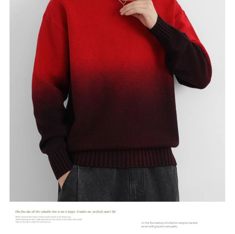 Herren-Strickpullover mit Ombré-Muster – Halbrollkragen, lockere Passform, Stretch-Polyestermischung (Armeegrün/Blaugrau/Beige/Dunkelgrün/Chinarot)_voghion.com