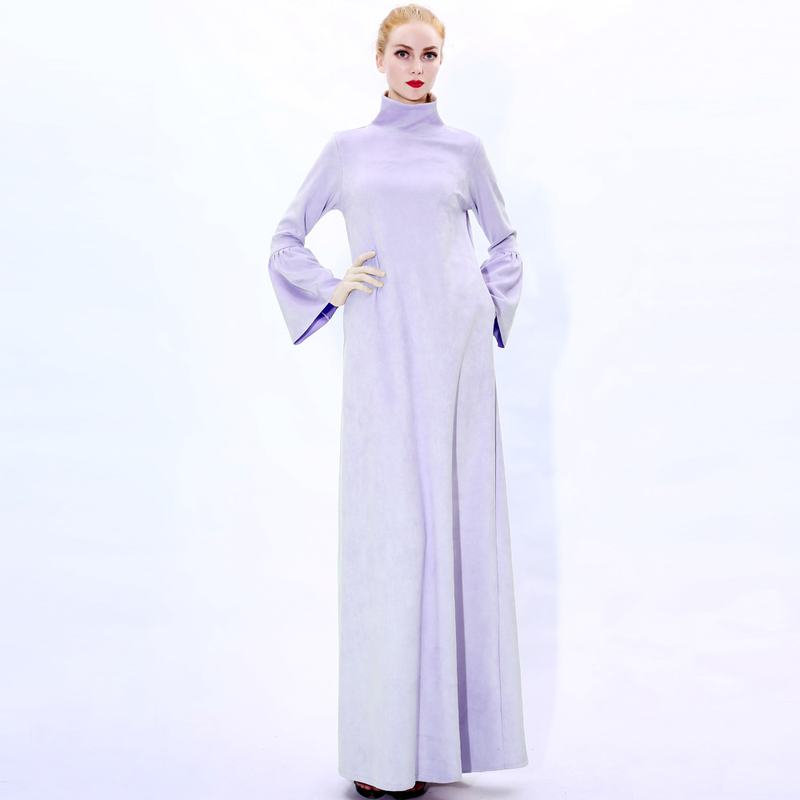 Women's beige all-in-one dress suede warm flared sleeves long skirt_voghion.com