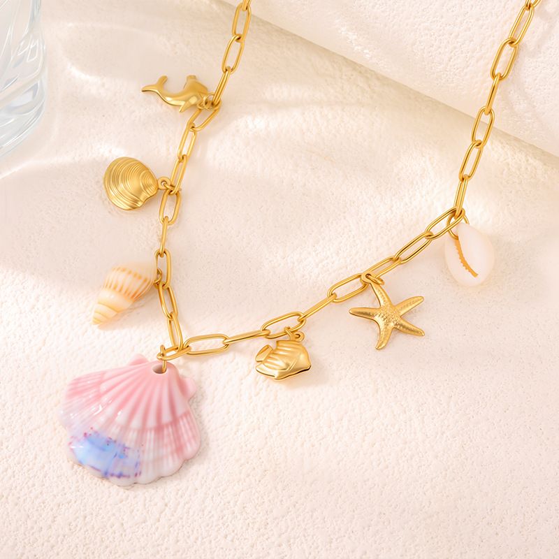 Necklace Women Golden Pendant Necklace Fashion Beach Style Turtle Conch Accessories For Women, Light Luxury High-End Feel, Non-Fading Titanium Steel_voghion.com