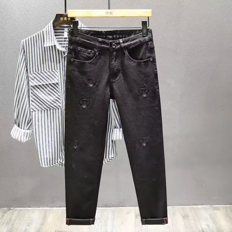 Jean noir pour homme avec broderie délicate de petites abeilles, nouveau pantalon skinny stretch taille mi-haute automne_voghion.com