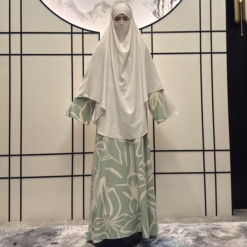Women's Clothing Ladies Long Sleeved Robe Abaya Non Positioning Color Dress Print With Headscarf Two Piece Set_voghion.com