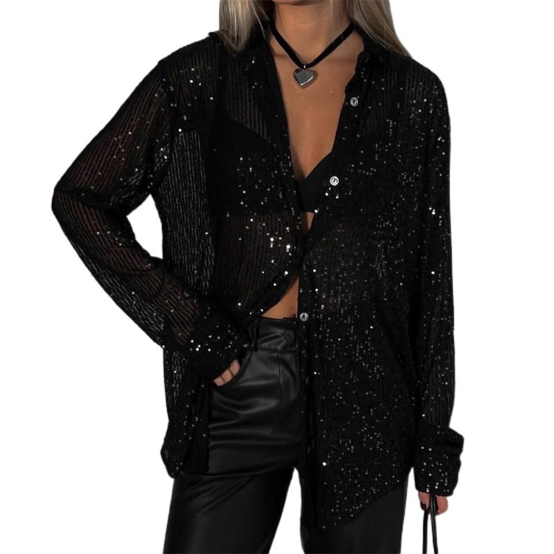 2025 Lente Zomer Nieuwe Pailletten Top Omslagkraag Lange Mouw Cardigan Basic Dames Overhemdjasje_voghion.com
