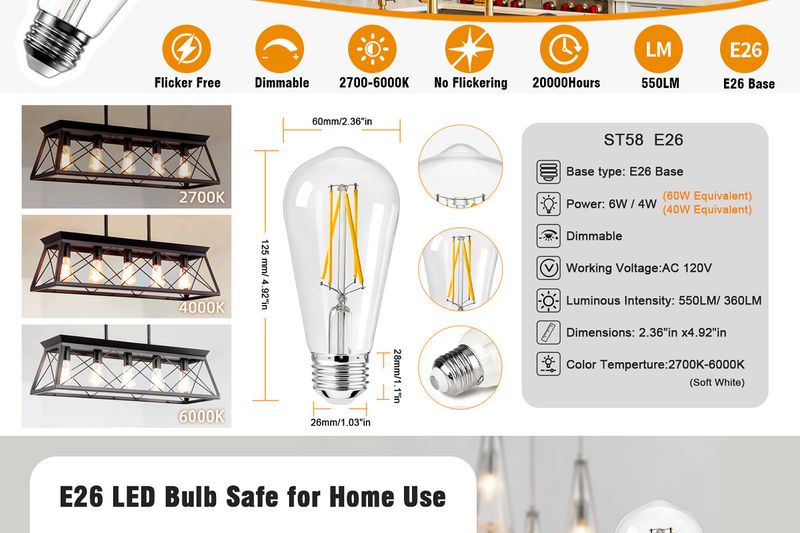Żarówka LED ST58/ST64 z żarnikiem – żarówka Edison Vintage 120 V, współczynnik oddawania barw 90 CRI, ciepła biel 2700 K, ściemnialna, energooszczędna_voghion.com