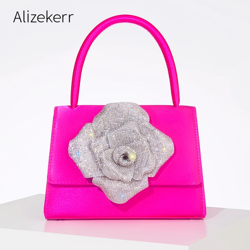 Splendide borse con strass rosa per donna Designer Boutique Bling Crstal Pochette in raso Matrimonio di alta qualità_voghion.com