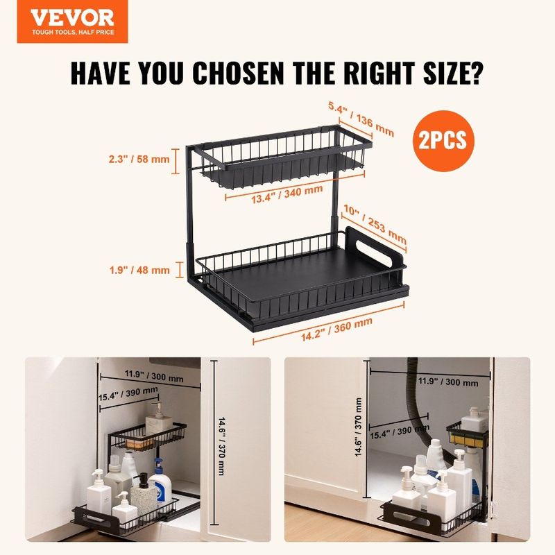 Basket Wire 2Tier Under Cabinet Pull Sink Drawer Out 2PCS Organizer 10.7x14.2_voghion.com