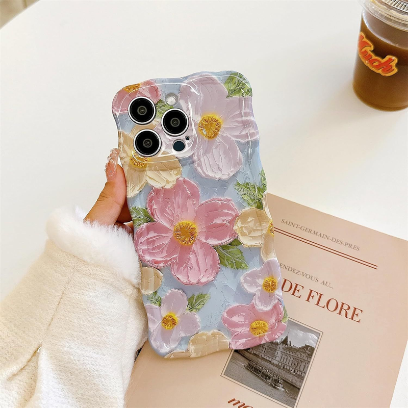 Funda para teléfono Hua-wei Ap-ple - Patrón de impresión de pintura al óleo retro colorida con borde ondulado, exquisita, resistente al agua y anticaídas de TPU para niñas y mujeres - Verde_voghion.com