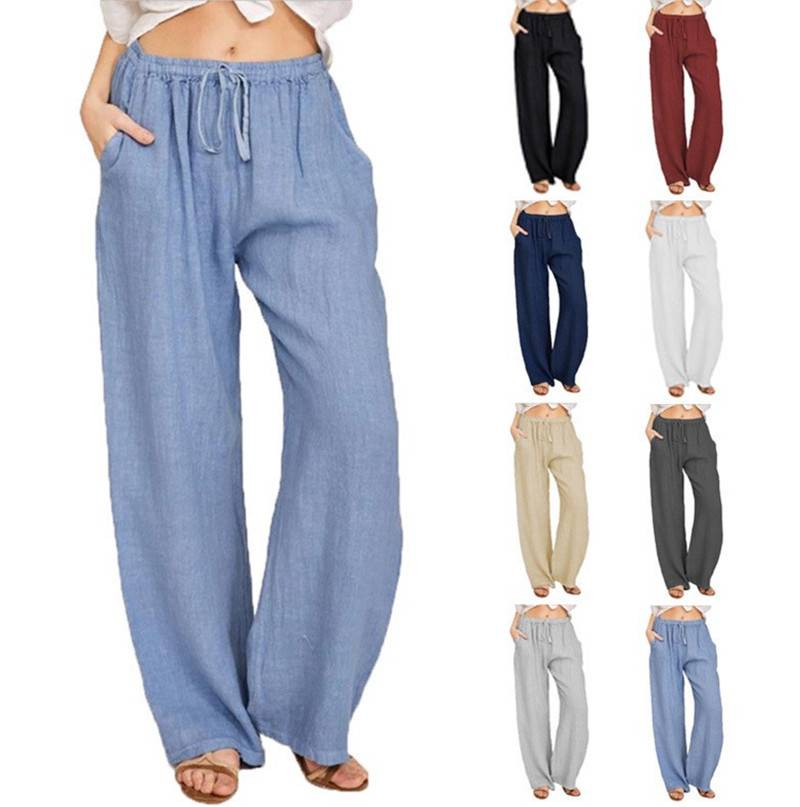 Women's Cotton Linen Pants Casual Loose Solid Elastic Waist Pocket Straight Trousers Ladies Oversize Wide Leg Pant Streetwear_voghion.com