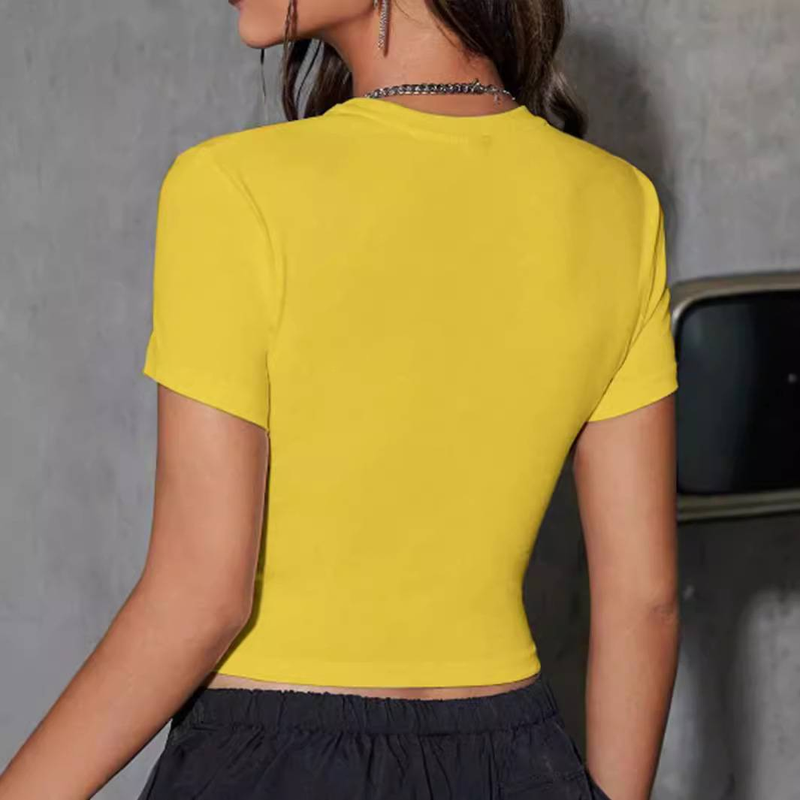 Koszulka damska z krótkim rękawem, nadrukiem w żółty wzór kota, dopasowana, z krótkim rękawem, odsłaniająca pępek, modna, w uniwersalnym stylu_voghion.com