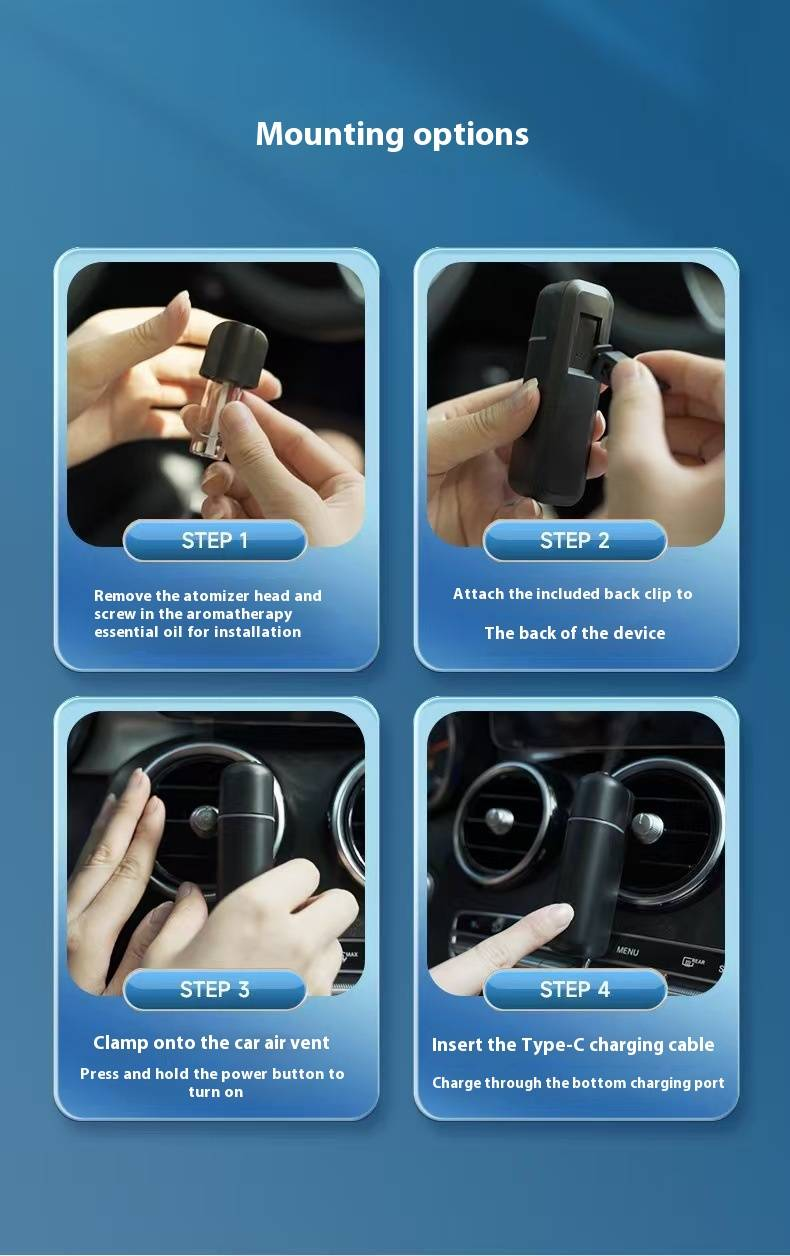 Diffusore di aromaterapia per auto con 6 flaconi di oli essenziali (4 ml ciascuno) - Alimentato tramite USB, funzionamento silenzioso (≤36 dB), spegnimento automatico, timer da 8 ore_voghion.com