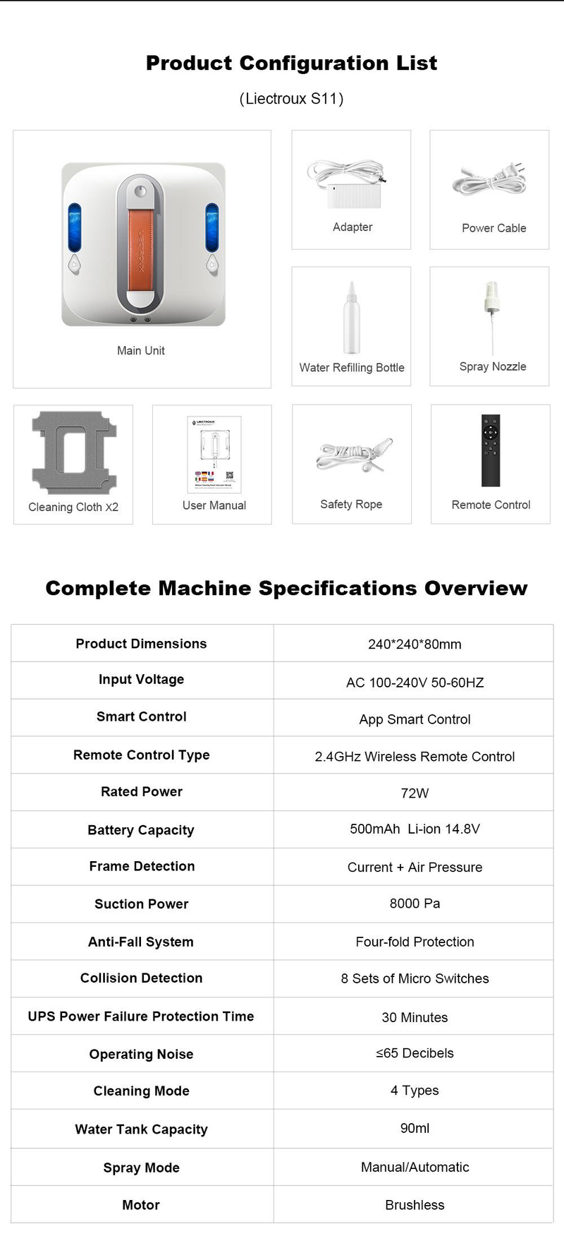 Robot lave-vitres Liectroux S11, jet d'eau 4 directions, navigation intelligente, système de sécurité multiple, fonctionnement sans cadre, télécommande et application._voghion.com