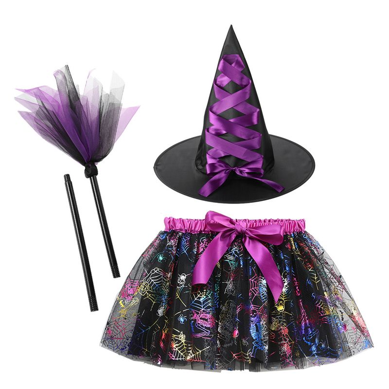 Set di abiti tutù di Halloween per bambine - Costume con cappello da strega, scopa e gonna in tulle (3 pezzi) - Taglie S/M/L_voghion.com