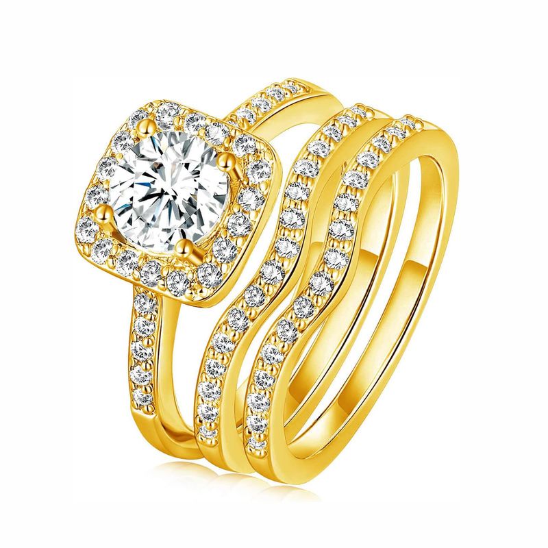 Ensemble de 3 bagues carrées empilables en zircon doré pour femme, élégantes et minimalistes, à superposer au quotidien, légères et luxueuses._voghion.com