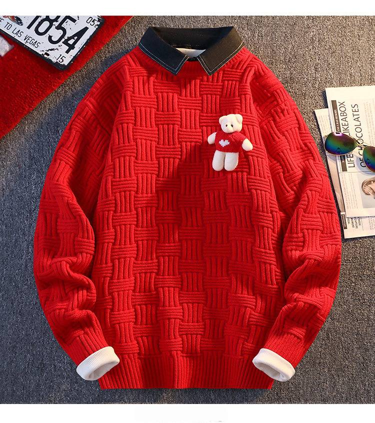 Strickpullover für Herren mit Bärenaufnäher und Hemdkragen – Langarmpullover mit Rundhalsausschnitt für lässige Winterkleidung (mehrere Farben und Größen)_voghion.com