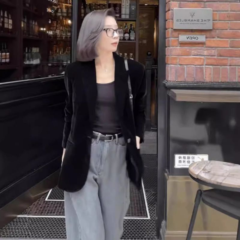 Blazer in velluto nero 2025 per donna, nuovo stile autunnale, elegante, casual, di alta qualità, piccolo abito_voghion.com