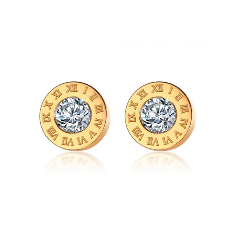 Klassische trendige Zirkonia römische Ziffern Doppelkreis Ohrstecker Titan Stahl Roségold Hochzeit Ohrring Schmuck_voghion.com