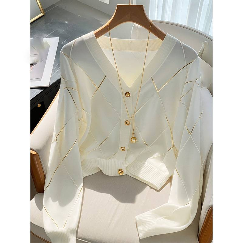 Abbigliamento da donna Cardigan lavorato a maglia bianco Inizio autunno Top a quadri a rombi Giacca a maniche lunghe_voghion.com