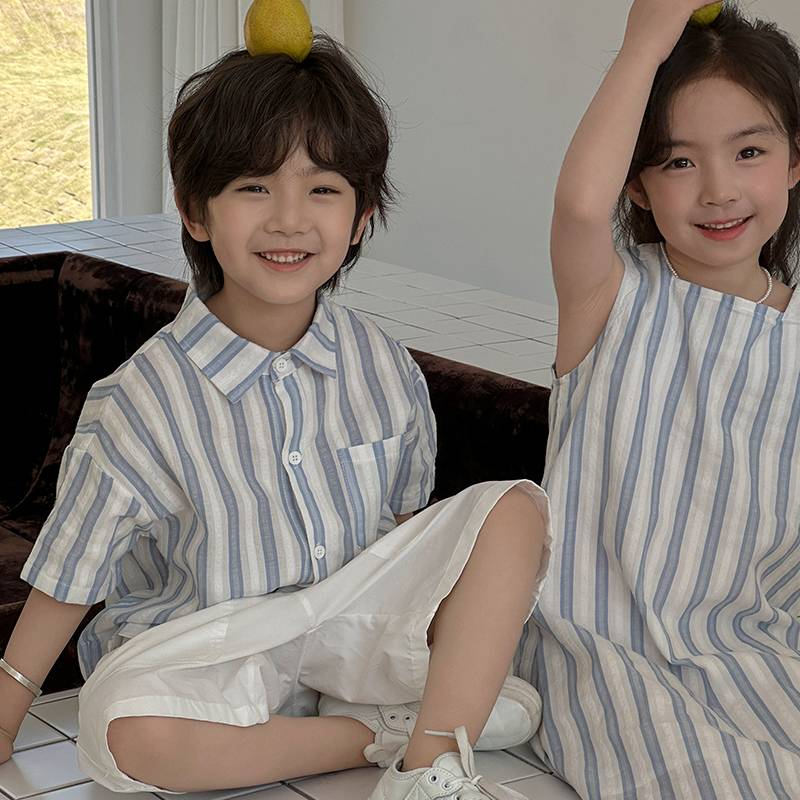 Conjunto de camisa y pantalones cortos holgados para niño, versión coreana, estilo occidental, para hermano, hermana, padre e hijo, estilo veraniego, vestido para mujer_voghion.com