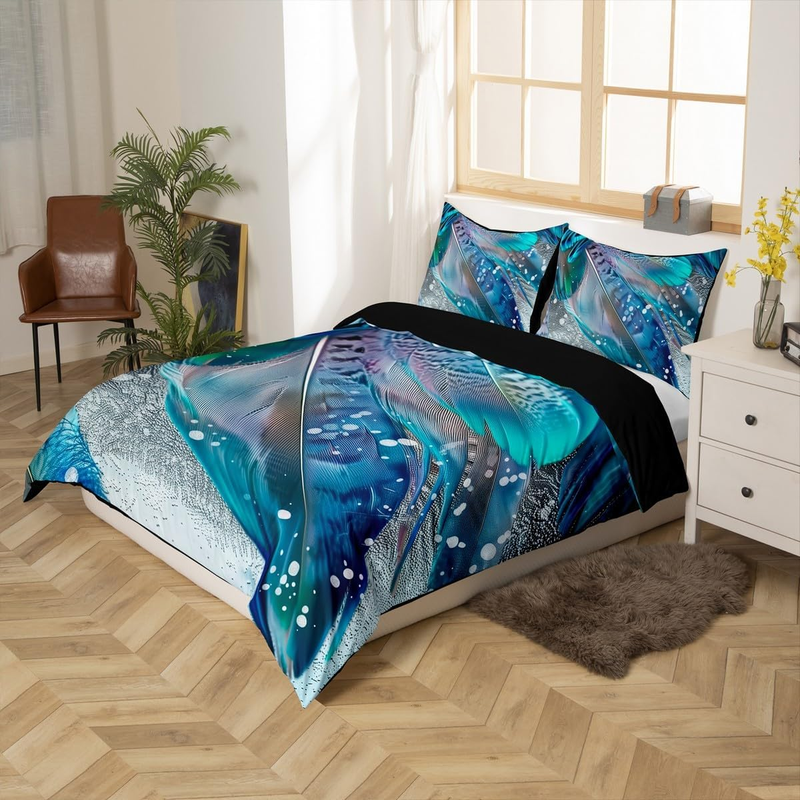 Housse de couette en plumes de paon pour lit bébé, housse de couette en plumes de Bohême, parure de lit exotique tribale, parure de lit rustique avec 2 taies d'oreiller, décoration de chambre_voghion.com