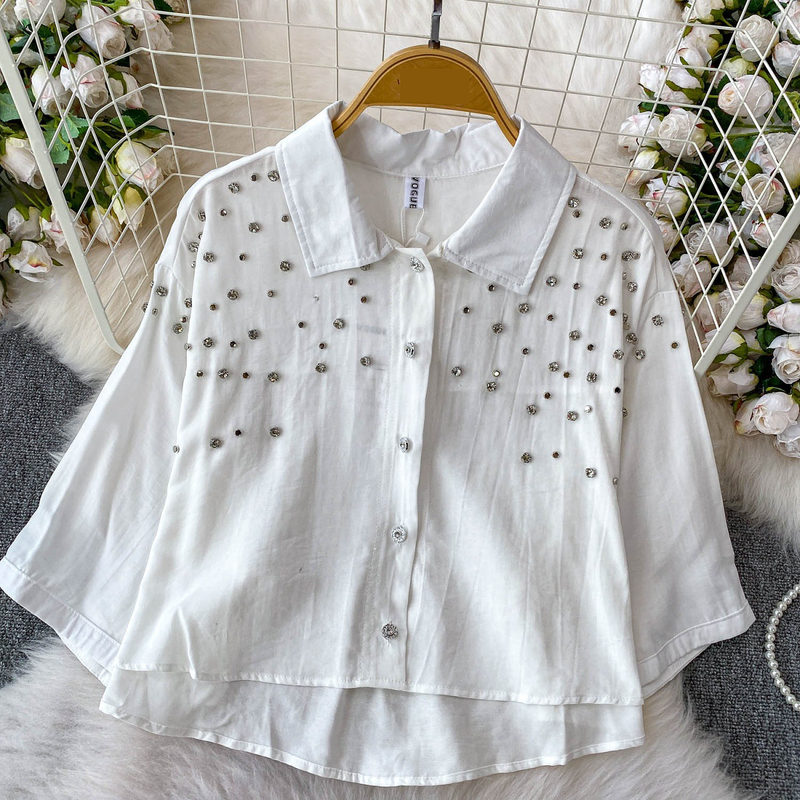 Luxe blouse met versieringen voor dames, statement revers, top met halflange mouwen, 8 levendige kleuren (zwart/groen/rood/meer) voor op kantoor en een avondje uit_voghion.com