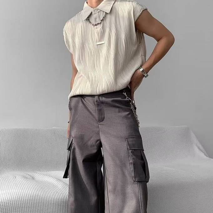 Underwear & Sleepwears Lapel Button Metal Vest Men's Ruffled Wave Texture Sleeveless T-Shirt Unique Waistcoat Jacket - White, Black, Green (M-3XL)_voghion.com