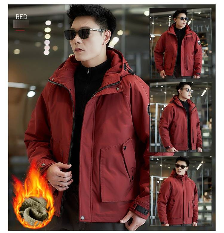 Men's Winter Work Jacket With Detachable Hood - Heavy Duty Cotton-Polyester Blend, Outdoor Casual Coat In Black, Brick Red, Khaki (Sizes M-8xl)_voghion.com