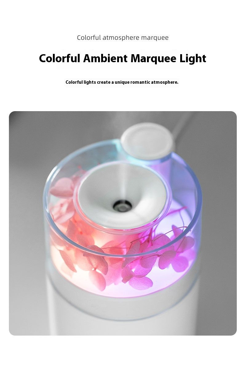 Mini-USB-Luftbefeuchter mit LED-Stimmungslicht – 0,5 l tragbarer Luftbefeuchter für Auto und Schreibtisch, ABS-Kunststoff, leiser Nebel mit 38 dB (Weiß/Lavendel/Blumendesign)_voghion.com