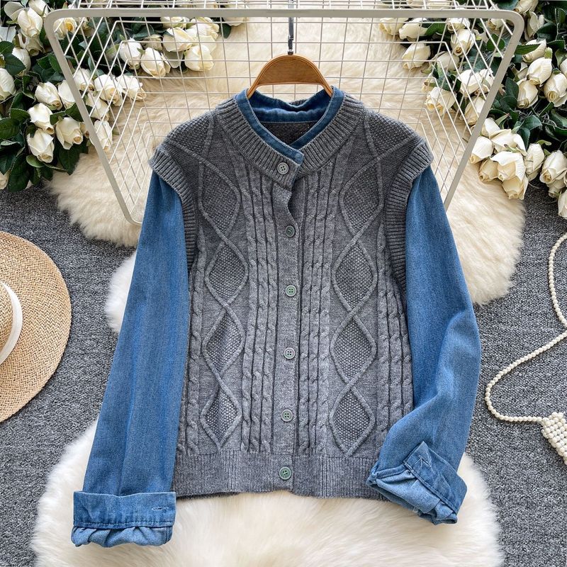 Veste deux pièces style coréen en tricot et denim – Haut à manches longues pour femme au point crochet avec empiècements contrastés (taille unique)_voghion.com
