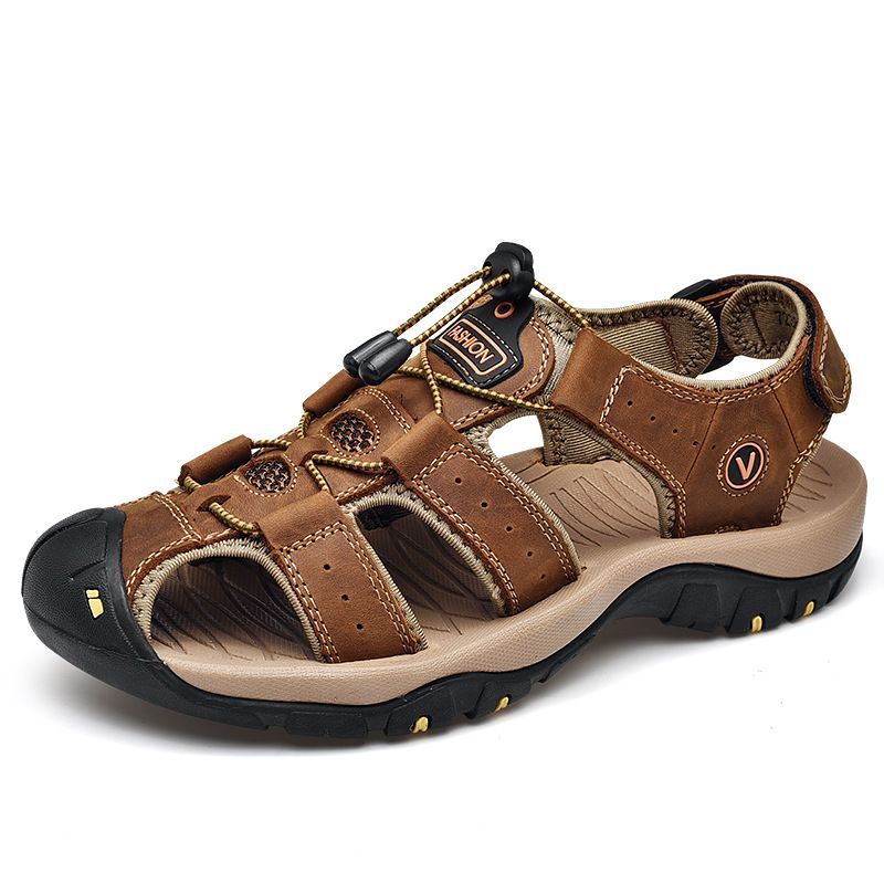 7239 Sandali da spiaggia da uomo estivi, grandi, con fascia in velcro, strato superiore in vera pelle, superficie in pelle di mucca._voghion.com