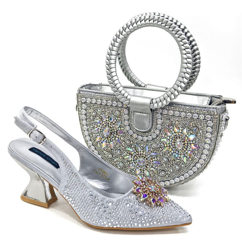 Shoe Bag Set Combination Wrist Woven Moon Bag + Women's Pointed Sandal Crystal Buckle_voghion.com