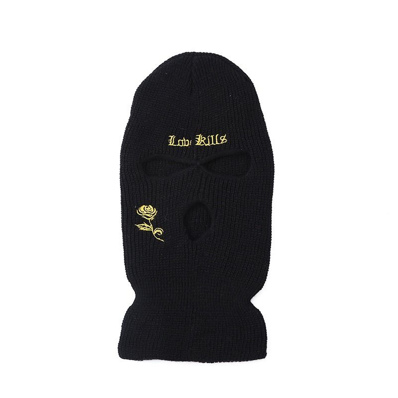 Cappello lavorato a maglia a tre fori per autunno e inverno con ricamo di rose - Cappello caldo per l'inverno e l'autunno per sci, ciclismo e attività all'aperto_voghion.com