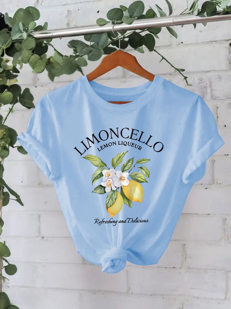 Damenbekleidung T-Shirt aus reiner Baumwolle, Sommer, kurzärmelig, Rundhalsausschnitt, Zitronenmuster, bedruckt, T-Shirt, weiblich_voghion.com
