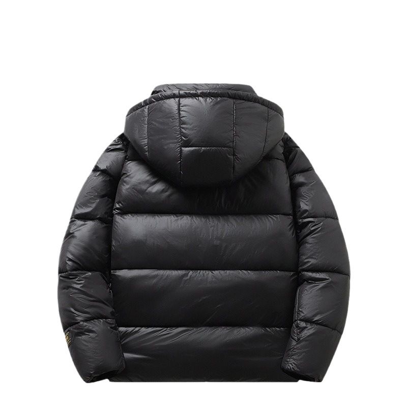 Schwarzgoldener kurzer Mantel im Paarstil mit Kapuze, glänzend, verdickt, warme Baumwollkleidung, Outdoor-Pufferjacke_voghion.com