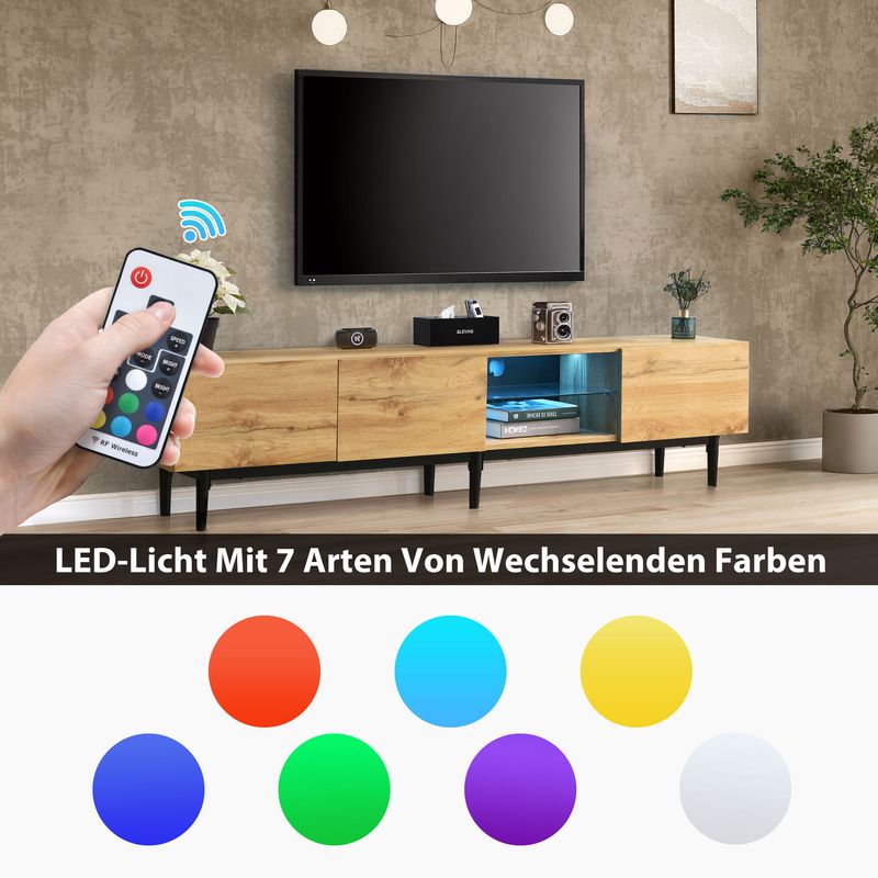 Meuble TV moderne avec finition grain de bois, éclairage LED réglable, 175 L x 31 l x 41 H cm_voghion.com