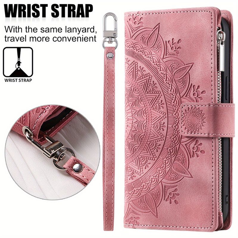 PU Leather Cover with Zipper Card Slots, Magnetic Wrist Strap, and Multiple Card Holders for 15, 14, 13, 12, Mini, 11, Pro, X, XS, Max, XR, 8, 7, SE_voghion.com