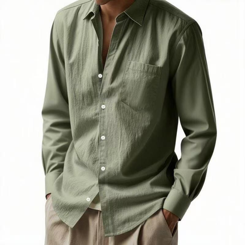 Chemise décontractée en lin pour homme – Chemise boutonnée respirante avec col à revers (blanc/noir/vert kaki/bleu clair, tailles S à XXXL)_voghion.com