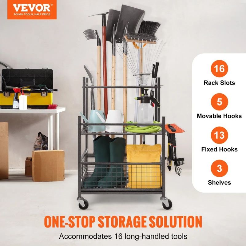 16 Wheels Long-Handl Slots Organization Garage And Tool Organizer With Tower Storage Hooks Yard Rack Garden Tool Hold With For_voghion.com