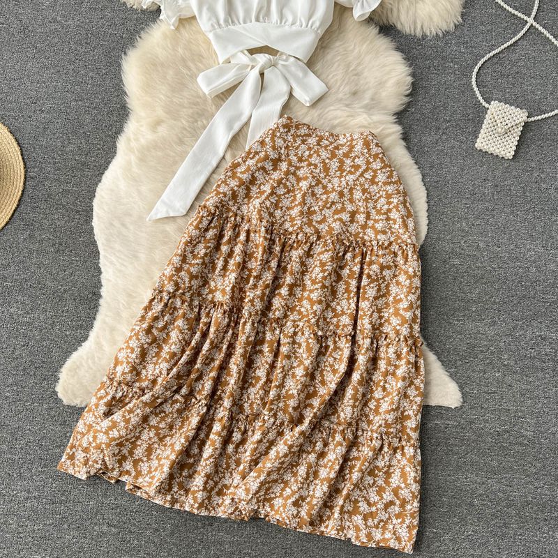 Dameklær Sexy hot girl retro fritidsdress kvinners kort firkantet halsrem topp + høy midje stort swing skjørt todelt dress_voghion.com