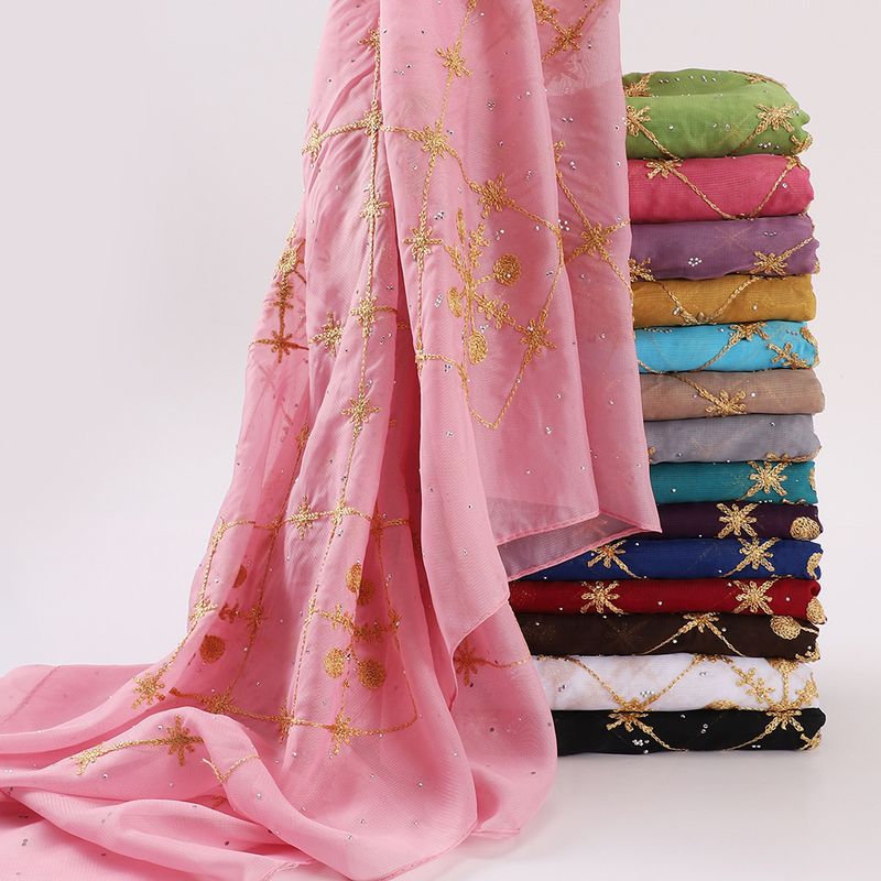 Eleganter Chiffon-Hijab mit Stickerei und Strasssteinen – Leichtes muslimisches Kopftuch für Damen – 70 x 175 cm (verschiedene Farben)_voghion.com