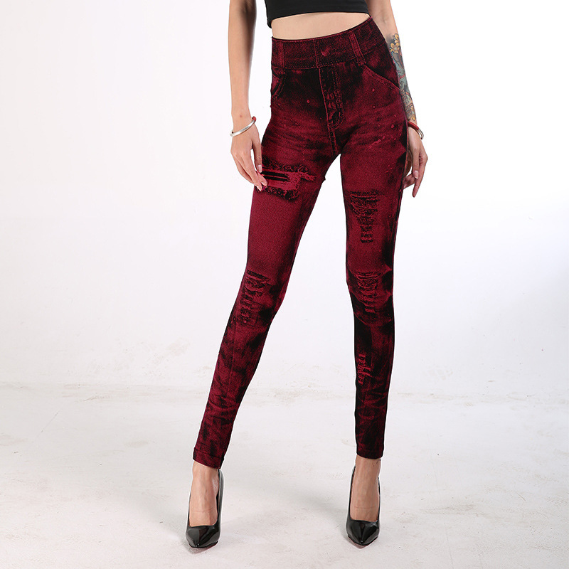 Leggings imitation denim pour femmes, pantalons multicolores populaires à neuf points pour soulever les hanches_voghion.com