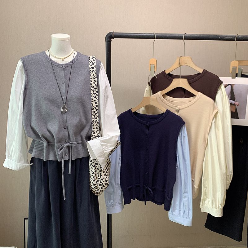 Camicia a maniche lunghe elegante e versatile in due pezzi, stile coreano, lavorata a maglia, patchwork, color-block, autunno 2025, per donna_voghion.com