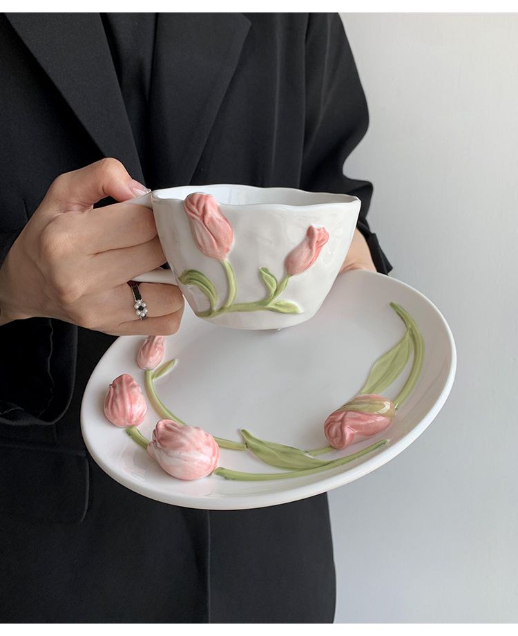 Tazza in ceramica Tulip Design Sense 3D Relief per acqua, colazione, caffè, uso domestico_voghion.com