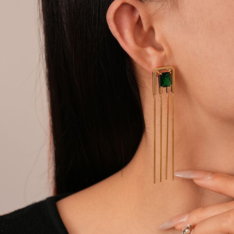 Retro square zircon metal tassel silver needle earrings elegant niche high-end earrings_voghion.com