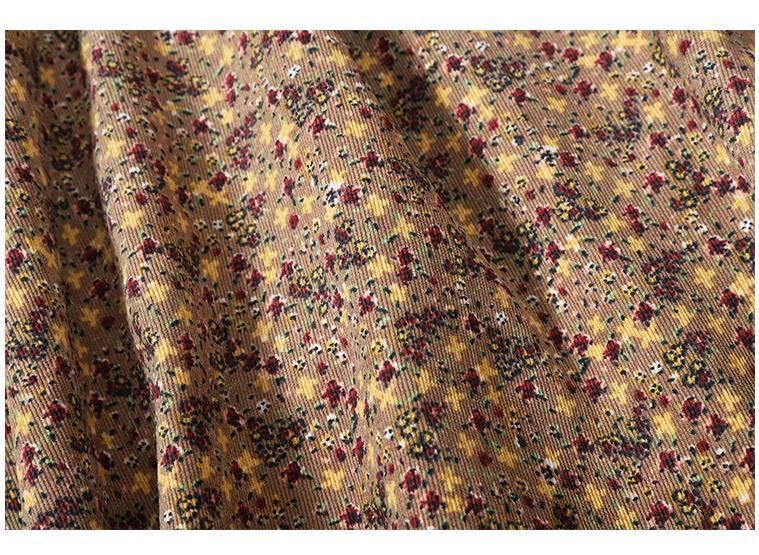 Damenbekleidung Elegantes Cordkleid mit Blumendruck und Fliege – Schlankmachendes A-Linien-Midikleid für Damen, lässige Tunika mit langen Ärmeln und hoher Taille_voghion.com