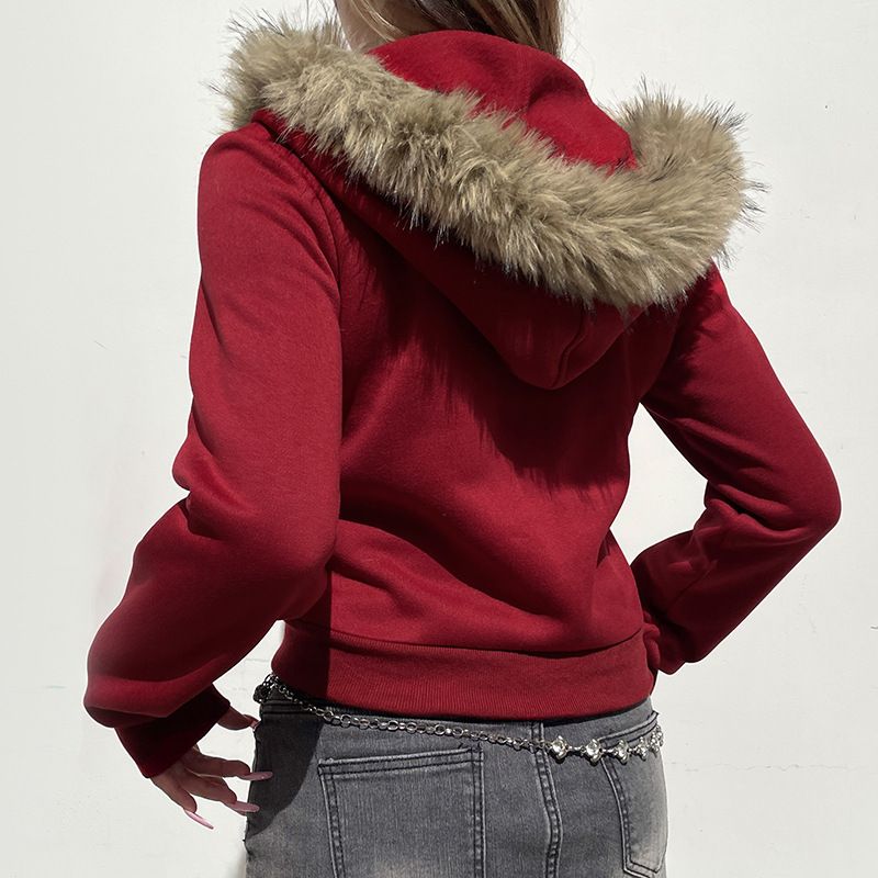 American Digital Printed Fur Patchwork Hooded Sweatshirt, Spicy Girl Street Contrasting Color, Slim Fit Zipper Casual_voghion.com