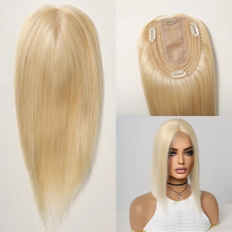 Topper per capelli umani da donna per capelli diradati, clip per toupee marrone, base in seta per capelli veri, riga centrale da 12 pollici_voghion.com