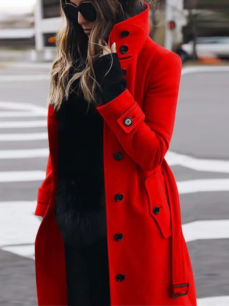 Slim-Fit Wool Blend Pea Coat For Women – Elegant Short Trench Coat With Belted Waist Coat Solid Color Women's Coat_voghion.com